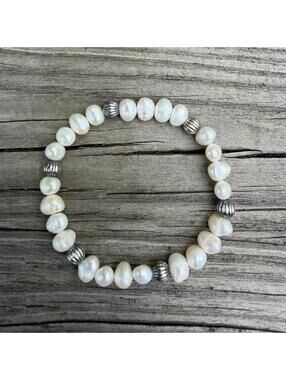 Freshwater Pearl Stretch Bracelet with 6mm Sterling Pumpkin Beads 6"/6.5"/7"